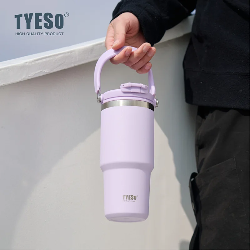 Tyeso Large-Capacity Thermoses Handle Vacuum Cup Dual-Drink Coffee Mug Stainless Steel Ice Cup Car Bottle Hot Cold Retention