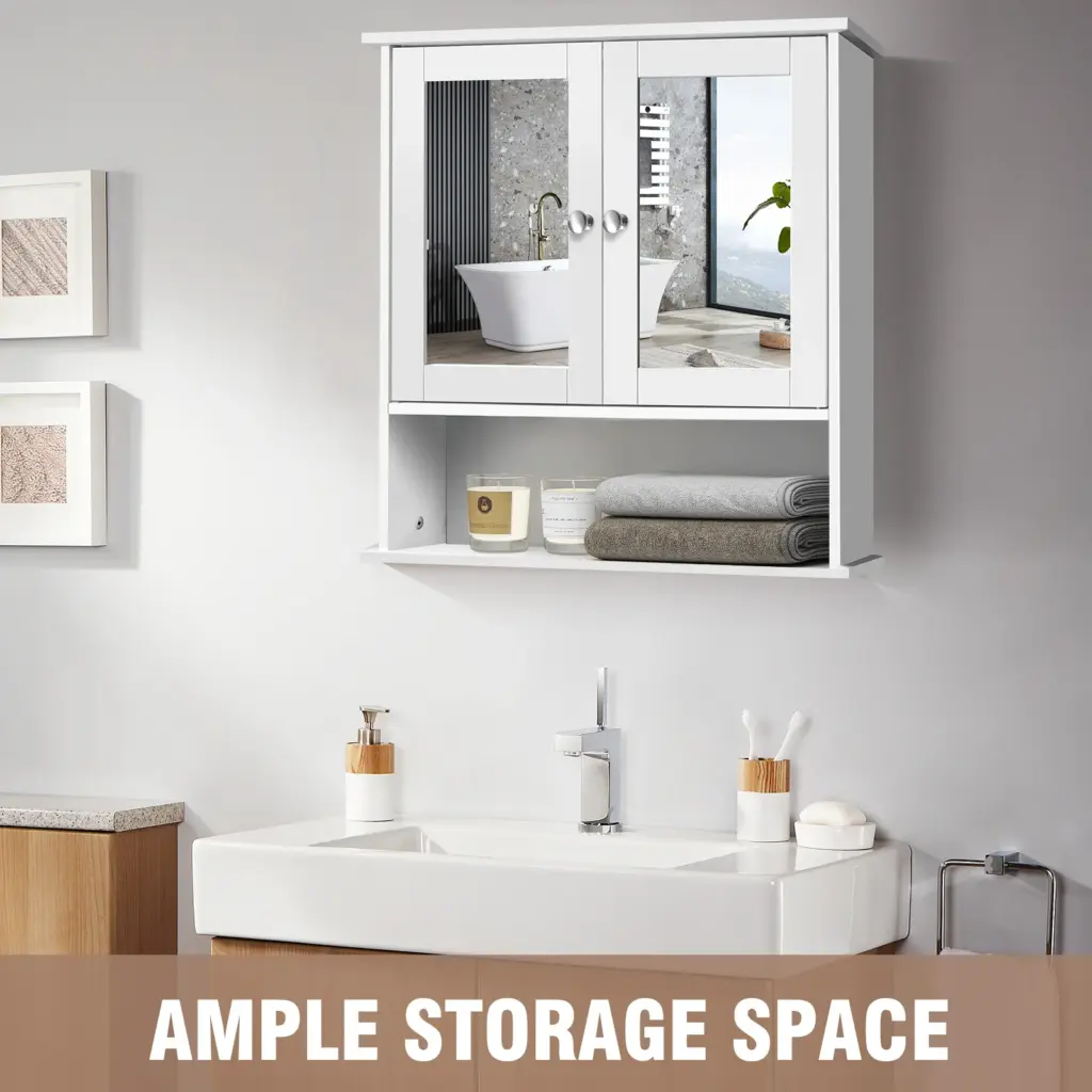 BRIEFNESS Mirror Bathroom Cabinet, Wall Mounted Double Door Bathroom Storage Cabinet with Adjustable Shelf and Compartment