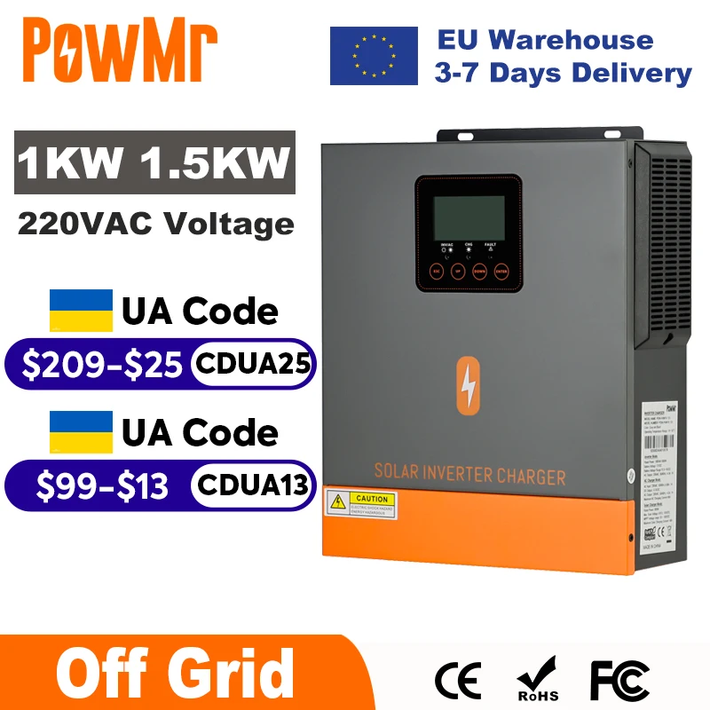 PowMr 1000W 1500W Hybrid Solar Inverter 12V 24V 220V Off Grid Pure Sine Wave Inverter Dual Output with MPPT 80A Solar Charger