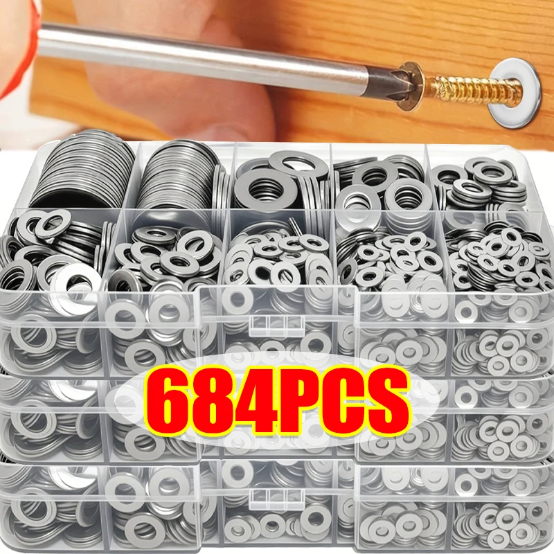 180-684Pcs Stainless Steel Washer Assortment Kits Metal Screw Flat Washers Rings Plain Gaskets Fasteners for Screws Bolts M2-M12