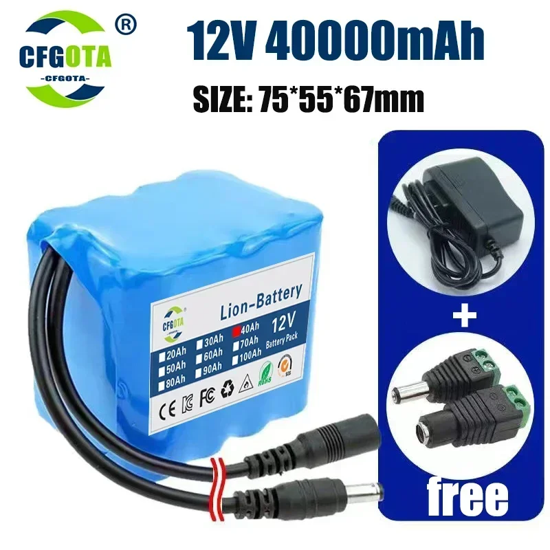 Fishing Battery 12v 3S4P 50Ah Portable 12V Battery Rechargeable Lithium Ion Battery Pack Capacity DC 12.6v Cam Monitor+Charger