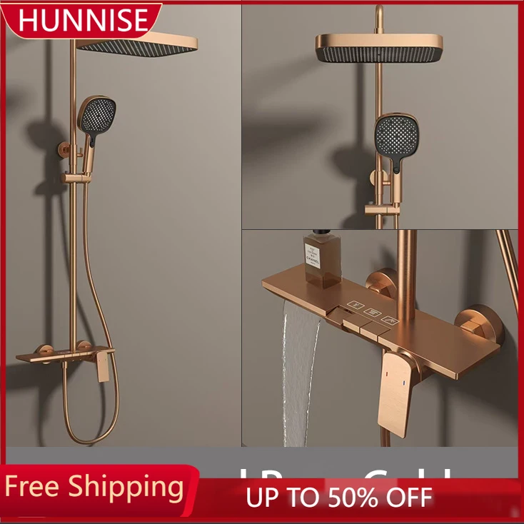 Hot Cold Piano Bathroom Shower System Set Brushed Rose Gold Waterfall Bathroom Faucet Rainfall Piano Bathroom Shower Set