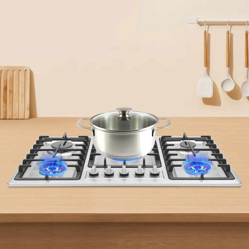 5-Burner Gas Cooktop Scratch Resistance Stainless Steel Gas Stove Simple Control for Home Kitchens/Restaurants/Hotels