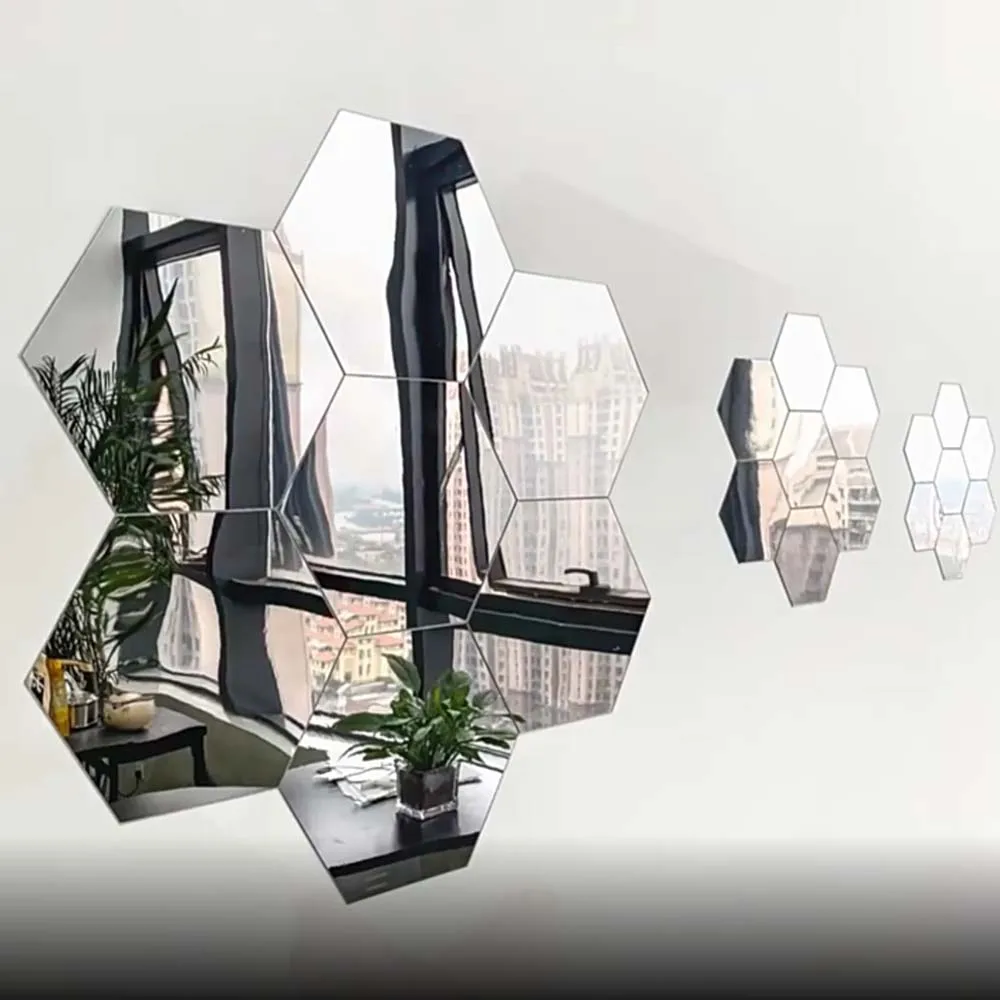 6/12pcs 3D Mirror Wall Sticker Hexagon Decal Home Decor DIY Self-adhesive Mirror Decor Stickers Art Wall Decoration Multi Size