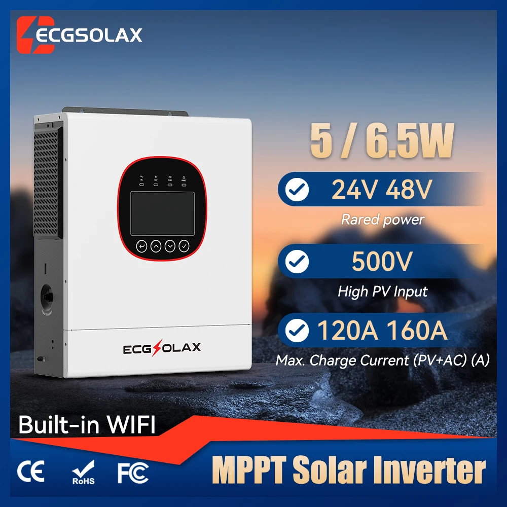 ECGSOLAX 6.5KW 5KW Hybrid Solar Inverter Pure Sine Wave 24V 48V 230V Off Grid Inverter 160A 120A Mppt Solar Controller With WIFI