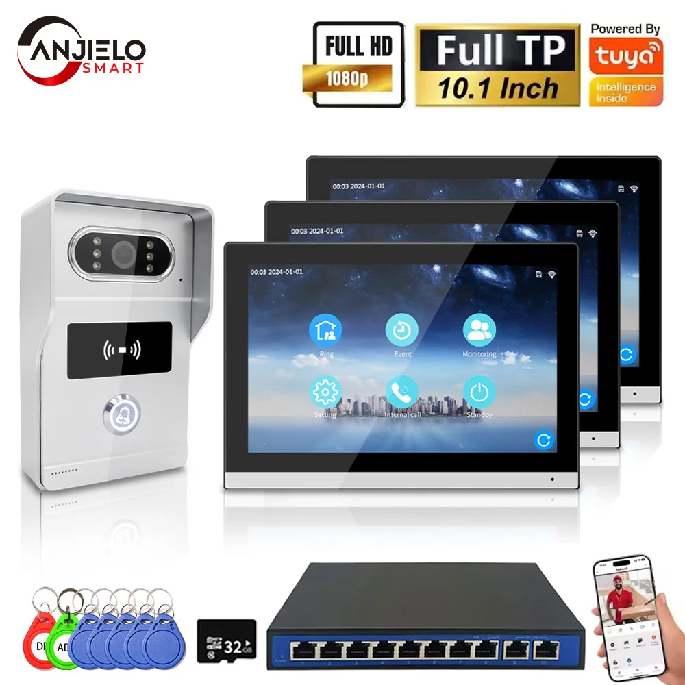 ANJIELO 1080P Tuya 10-Inch IP Video Intercom System Touch Screen Wifi POE Wired Doorbell for Villa Flat RFID Access Control