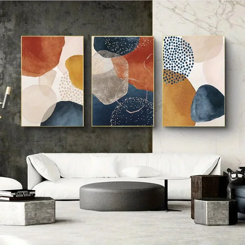 3pcs Modern Abstract Art Canvas Painting Orange Blue Color Block Golden Line Poster Living Room Posters Prints Wall Decoration