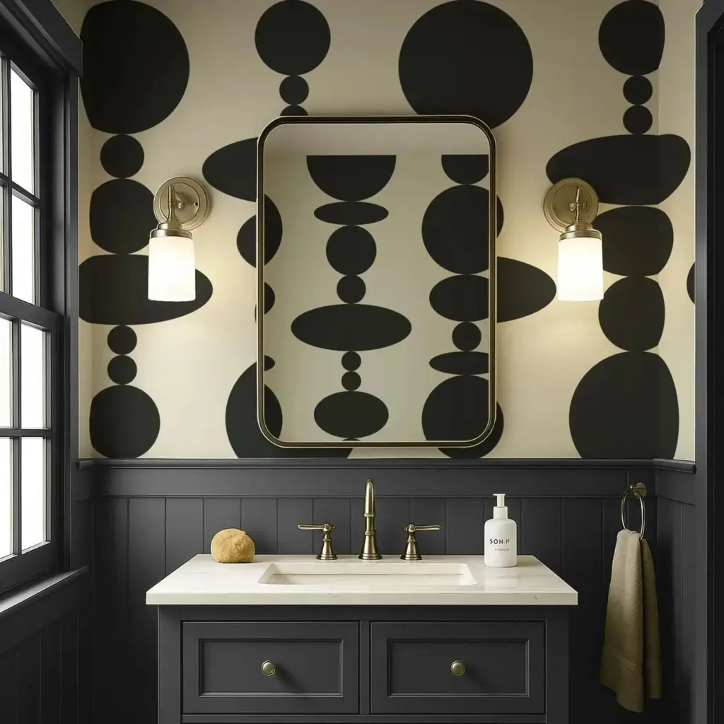 Abstract Round Shape Peel and Stick Wallpaper in Black and White, Retro Vibe Self-adhesive Or Traditional Wall Decal, Bold Shape