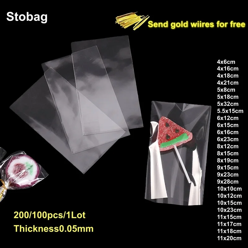 StoBag 200/100pcs Transparent Top Open Candy Packaging Bags Cellophane Small Sealed for Sweets Gift Jewelry Plastic Clear Pouch