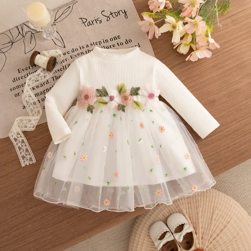 Baby Girl Dresses Spring And Autumn Floral Embroidery Mesh Girls Dresses Cute Long Sleeve Girls Princess Dresses