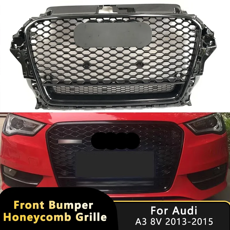 For Audi A3 8V 2013-2015 Car Honeycomb Grille Front Bumper Grille Glossy Black RS3 Style With Quattro High Quality Racing Grills
