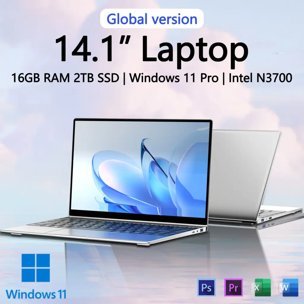 New Ultra Slim Laptop 14.1" 16GB RAM 2TB SSD Intel N3700 Gaming PC 1920*1080 Display Office Study Computer PC Windows 11 Pro