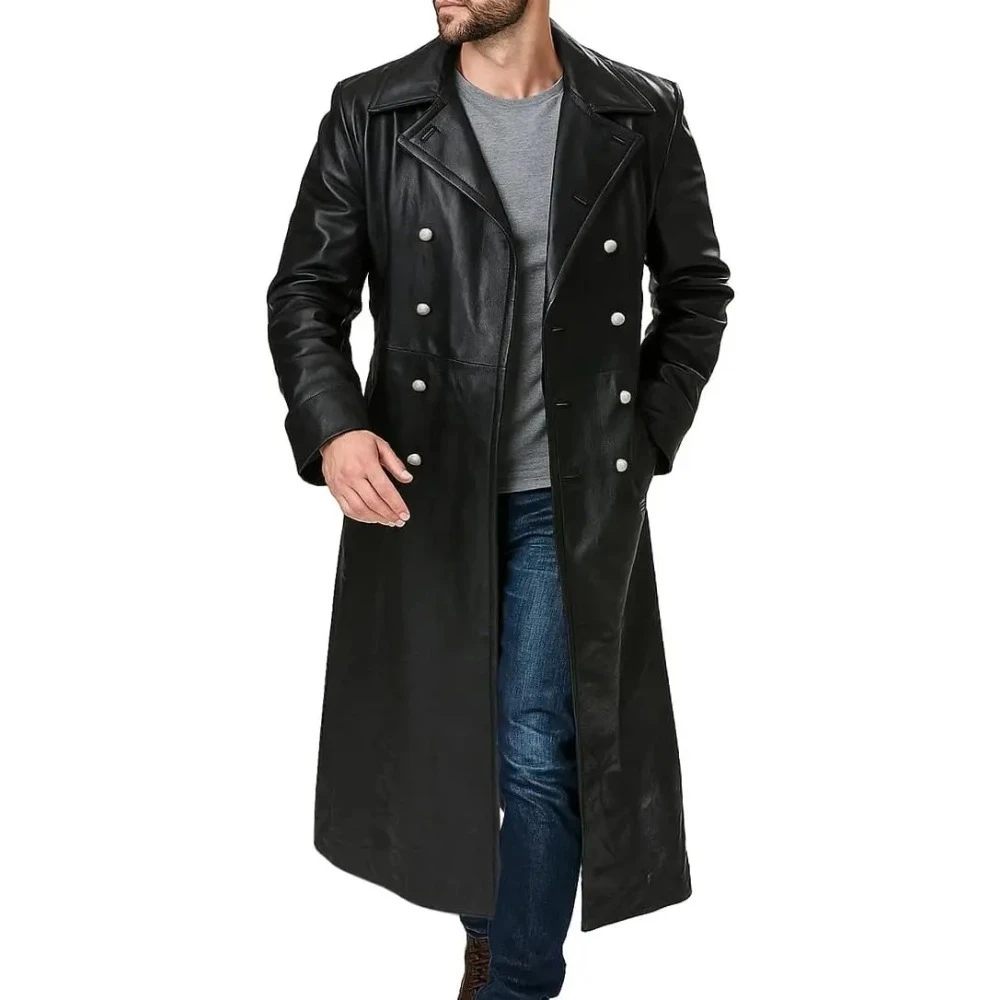 Men's Black Leather Long Trench Coat Marine Imperial Navy U-Boat Submarine Captain Brown Leather Jacket