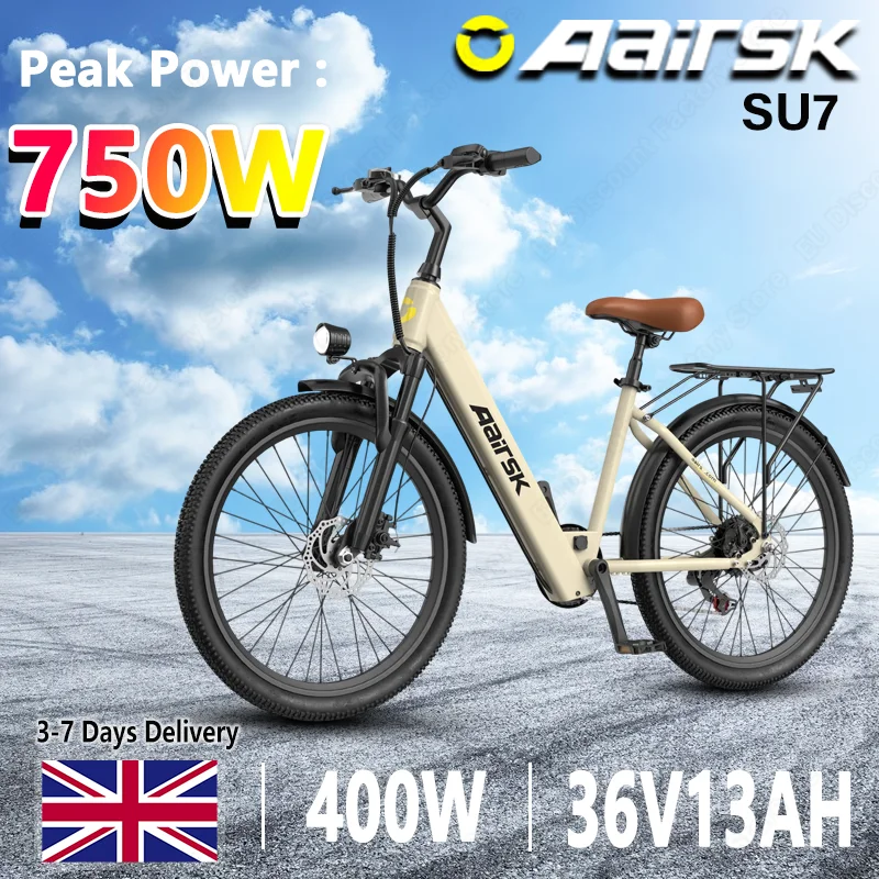 Electric Bike Aairsk SU7 750W Peak Power Motor 36V13AH Lithium Battery Electric Bicycle 24-inch Tire Adult City Commuter E-bike