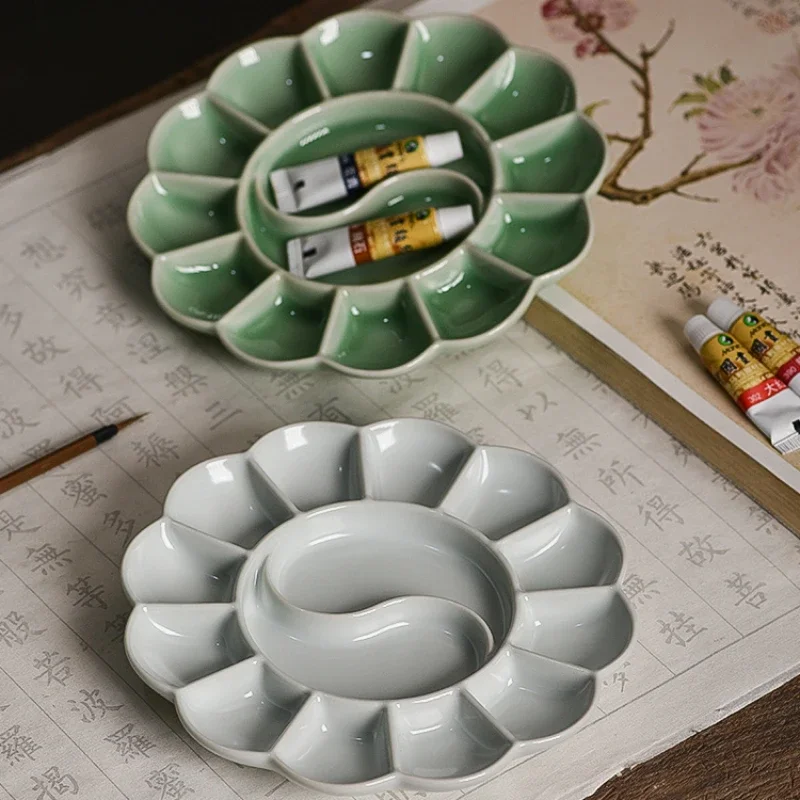 Handmade Celadon Palette Plum Blossom-shaped Watercolor Paint Tray Jingdezhen Ru Kiln High-quality Ceramic Plate and Pen Holder
