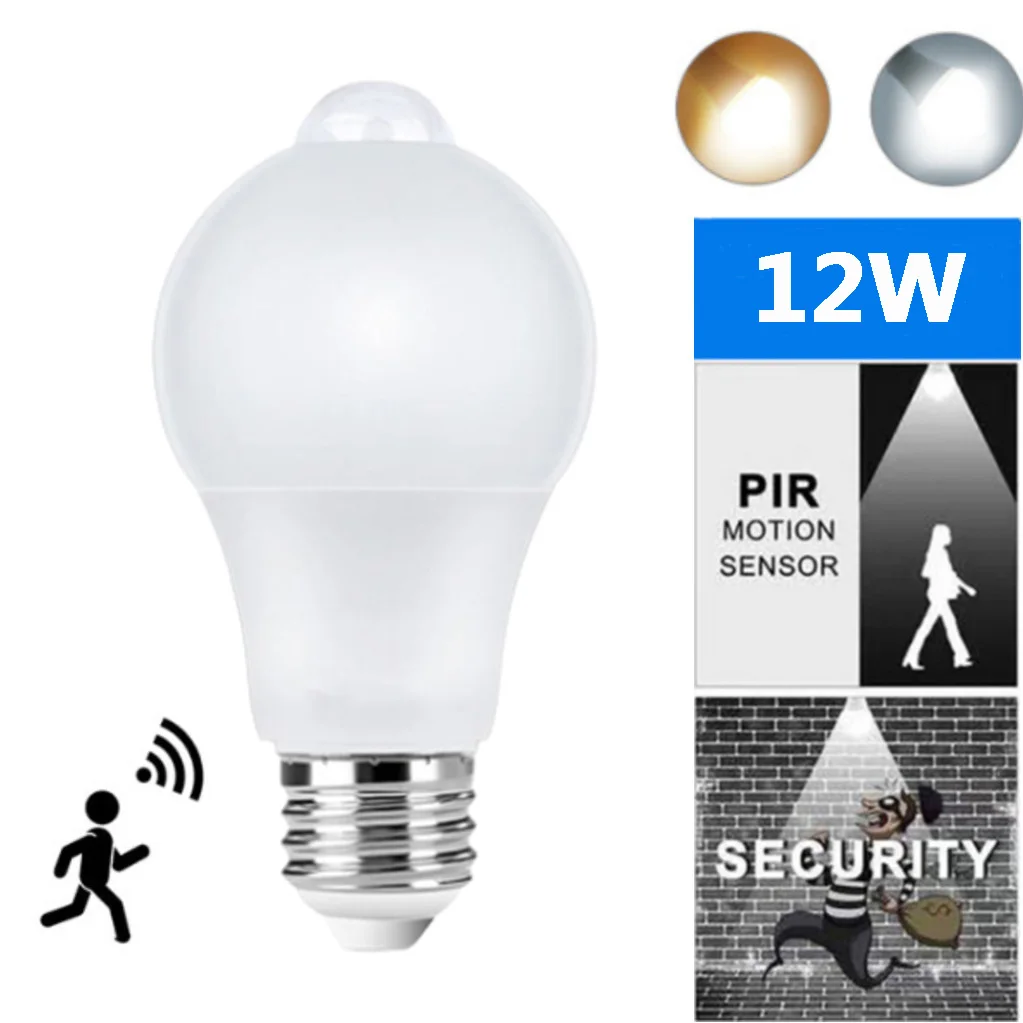 PIR Motion Sensor LED Light Bulb 12W E27 Smart Bulb Motion Activated ON/OFF Home Lights Lamp for Home Stair
