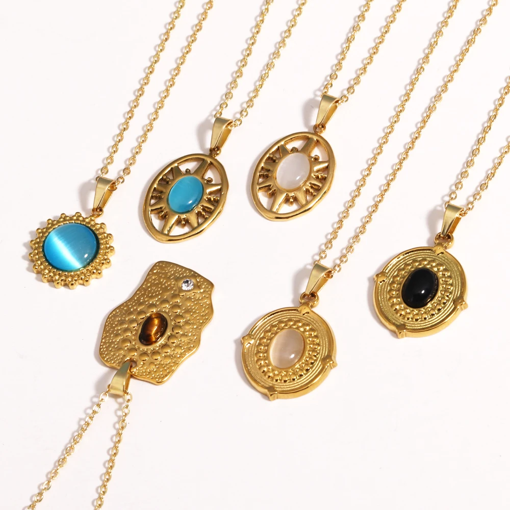 Stainless Steel Oval Opal Pendant Necklaces For Women 18 K Gold Color Chain Necklace Cute Lucky Round Sun Jewelry Accesorios New