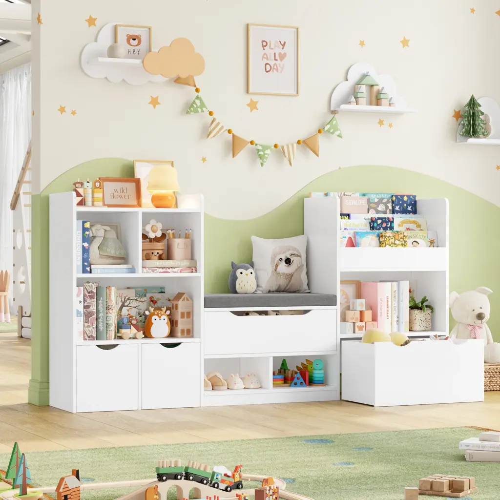 Getone Toy Storage Unit, Children's Bookcase 183cm, Kid's Room Furniture with Bench, children's shelf with 3 Drawers 183.5X94.5X29.8 cm