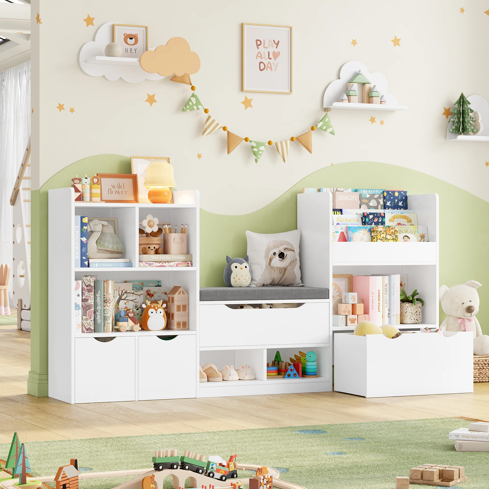 Getone Toy Storage Unit, Children's Bookcase 183cm, Kid's Room Furniture with Bench, children's shelf with 3 Drawers 183.5X94.5X29.8 cm