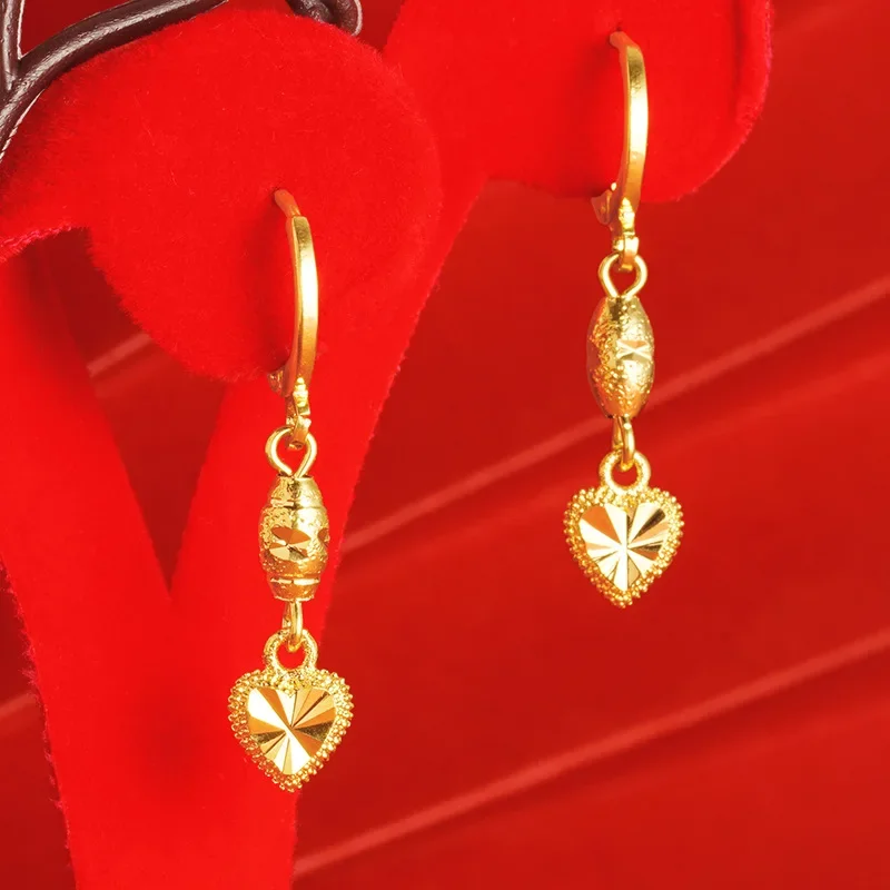 Pure Gold 18 K Color Love Heart Long Drop Earrings for Women Crown Tassels Earring Luxury Wedding Engagement Gifts