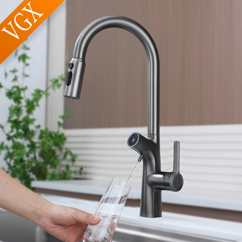 VGX Water Filter Kitchen Faucet Dual Spout Pure Drinking Water Tap Pull Out Kitchen Sink Mixer Kitchen Gourmet Faucet Crane Gold