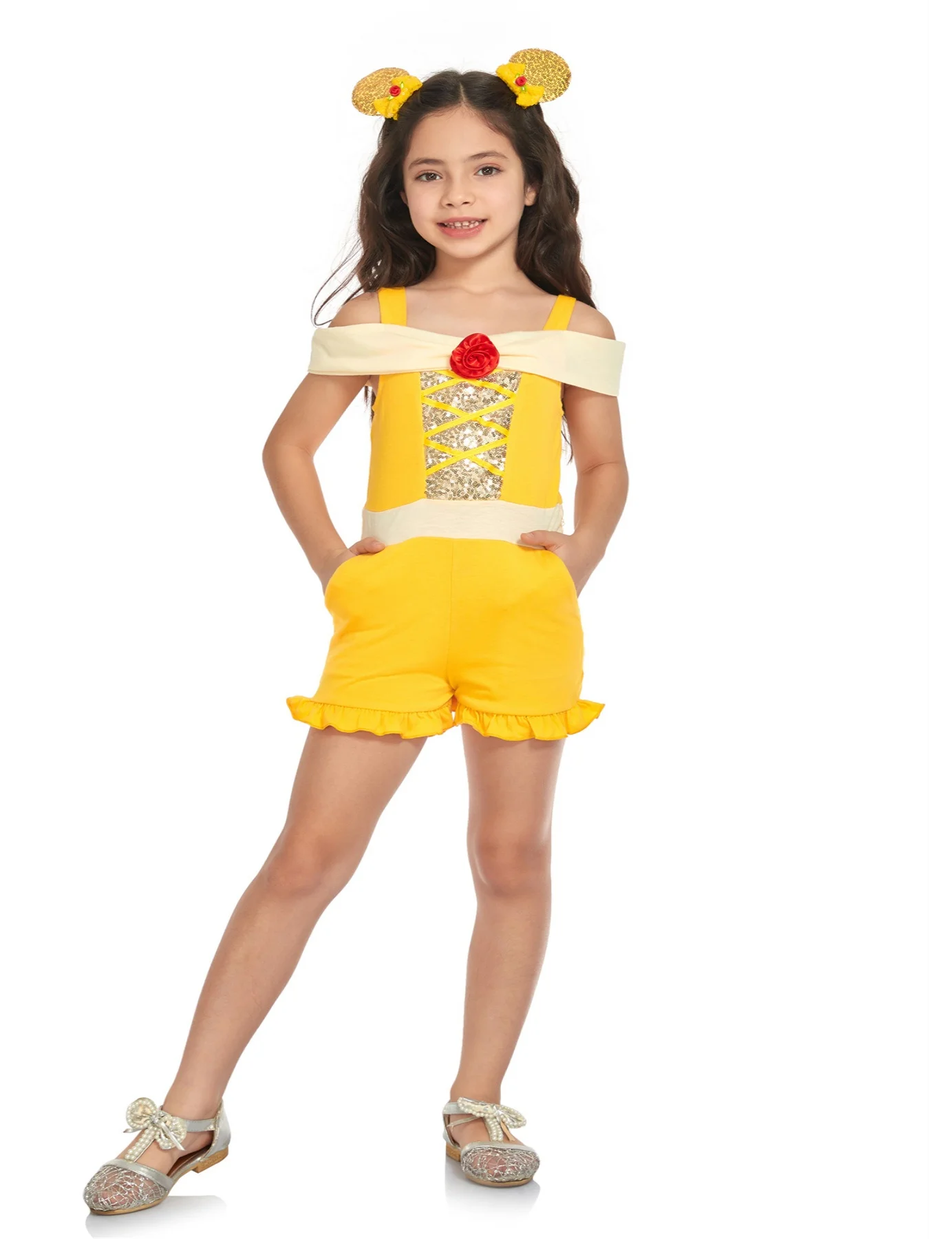 2-14Y Softest Girl Bell Rose Princess Romper With Pockets Holiday Trip Everyday Wear Kid Cute Jumpsuit Dress Up Costume