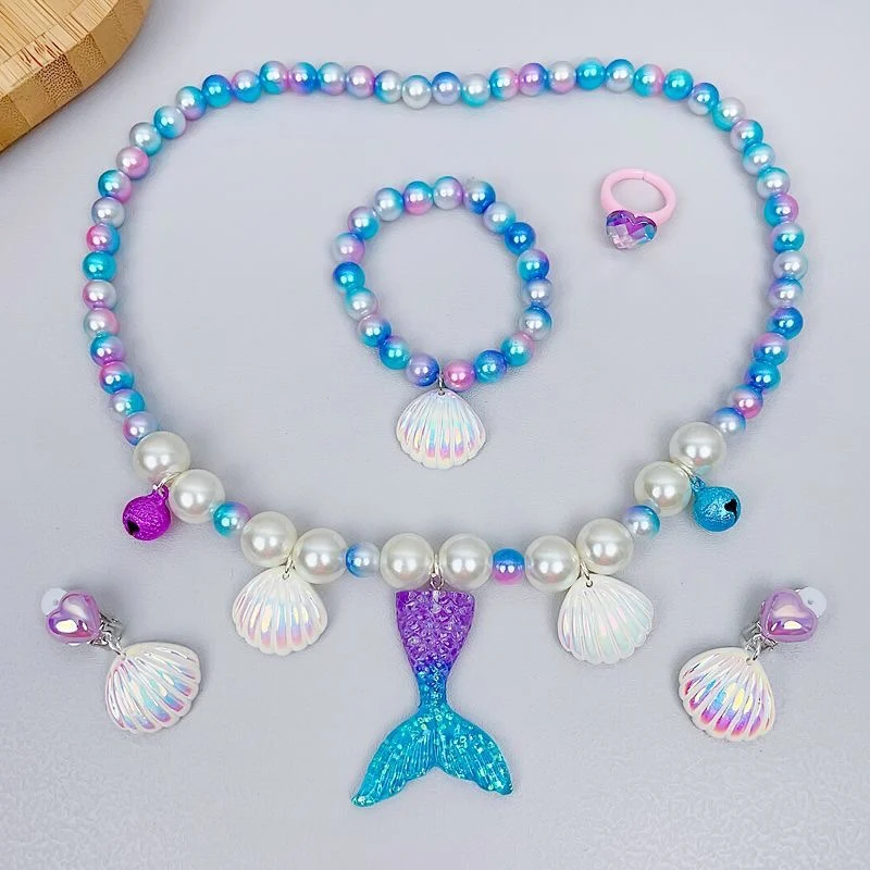 5pcs Girls Jewelry Sets Mermaid Pearl Necklace Bracelet Ring Earring Set Kids Toys Children Princess Fashion Accessories Girl