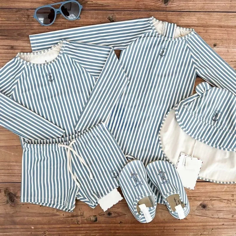 Kids Swimsuits Boys Swimwears Baby Swimwear Blue Stripe High Elastic Speed Dry Jumpsuit Vacation Sunscreen Boy Swimsuits