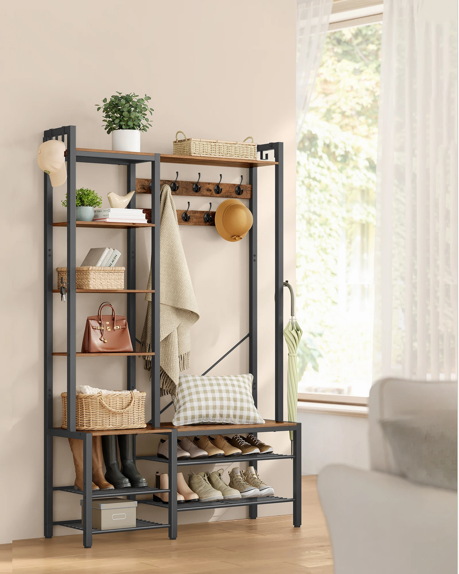 VASAGLE Hall Tree with Bench and Shoe Storage, Entryway Coat Rack with Shoe Bench, 5 Storage Shelves, 9 Coat Hooks, 6 Side Hooks