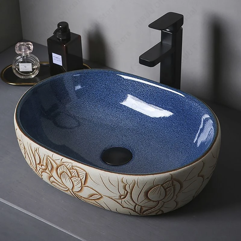 Ceramic Vessel Sink Lotus Flower Pattern Table Sink Above Counter Oval Washbasin Countertop Art Basin Bathroom Balcony Sink Bowl