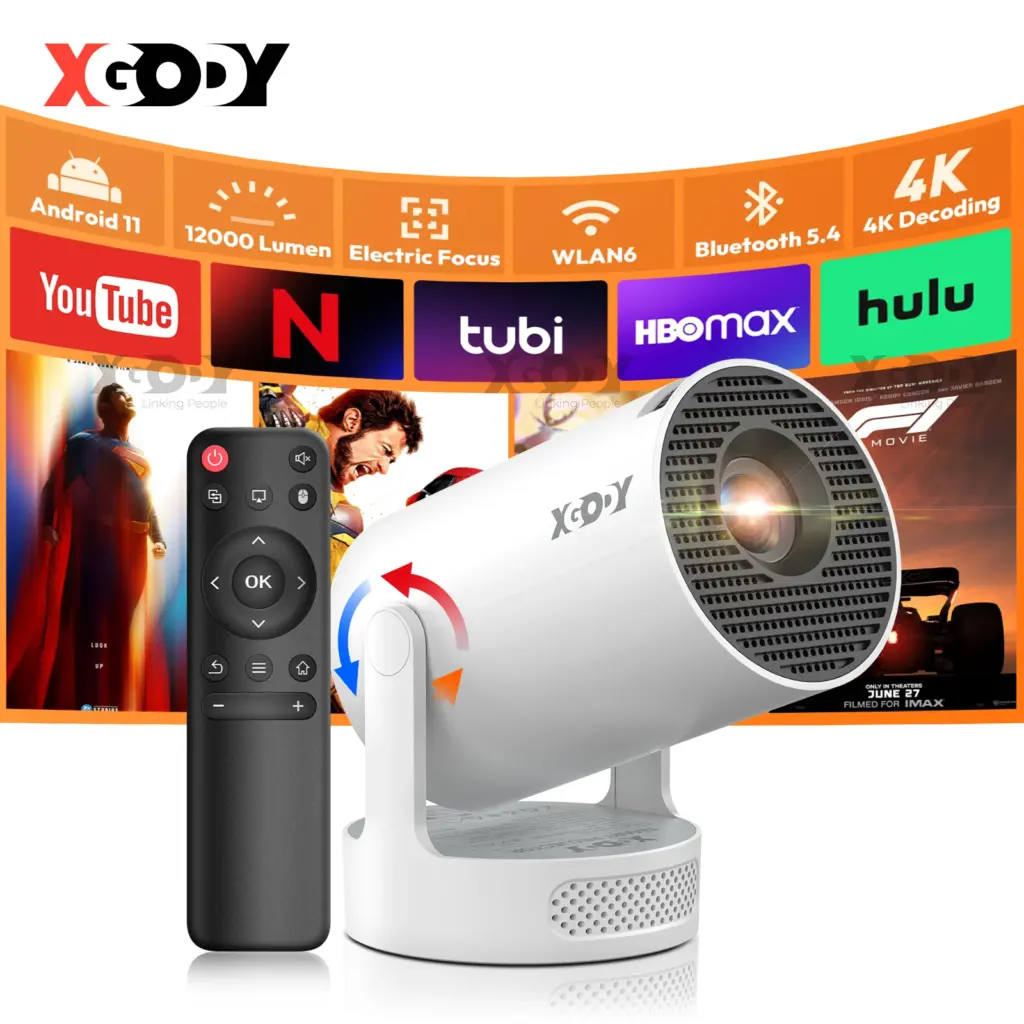XGODY Portable Gimbal 3S 12000LM 4K Projector 2.4G/5G WiFi Bluetooth 5.4 Android 11 Mini Home Theater Portable projector