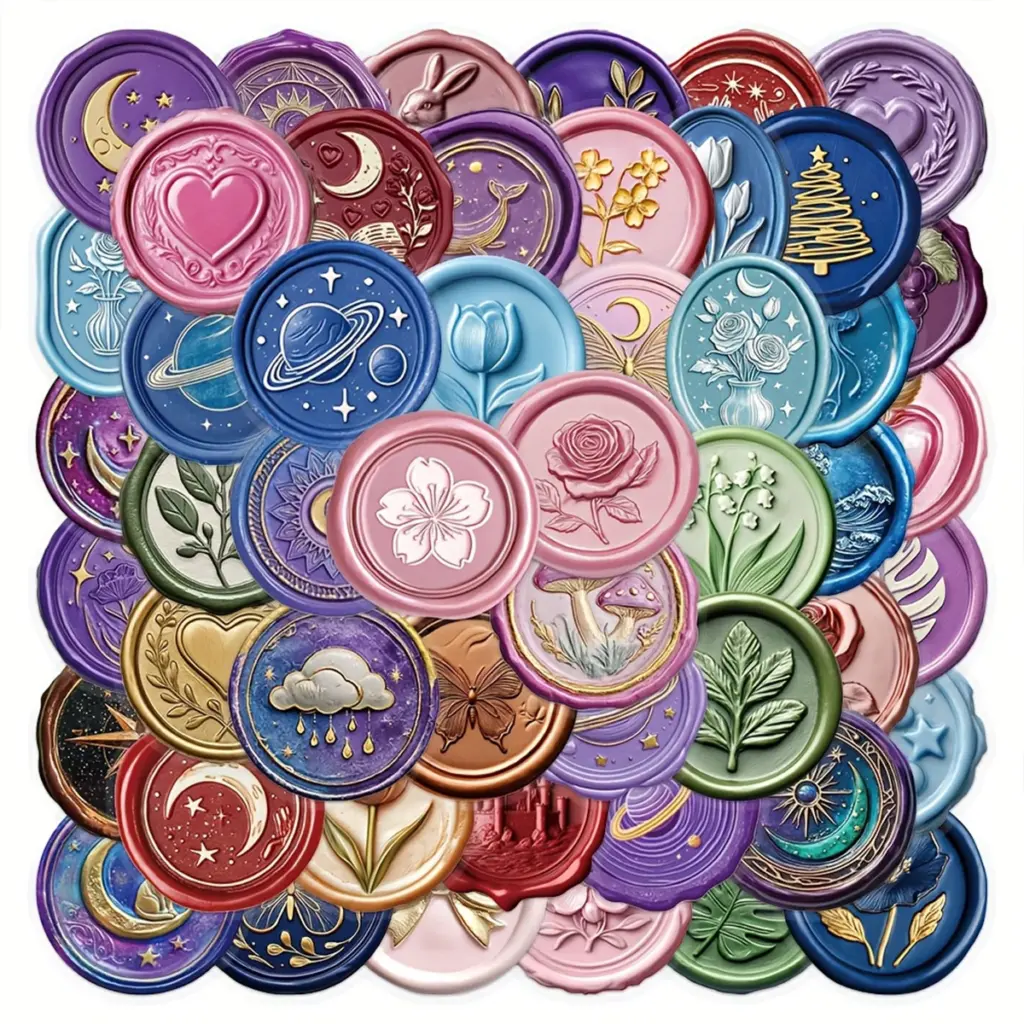 50pcs Wax Seal Stickers, with Elegant Wax Seal Design, for Scrapbooking, Journals, DIY Crafts, Water Bottles, Gift Wrapping