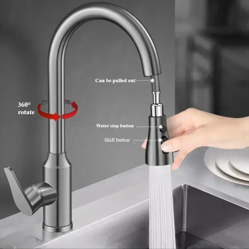 Fine copper gun gray kitchen sink pull-out faucet household sink washbasin rotating hot and cold faucet