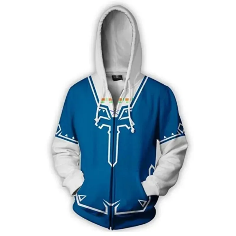 Men's Legend Zelda Link Cosplay Zip up Hoodie 3D Print Anime Sweatshirt Streetwear Fashion Adult Coat with Hood