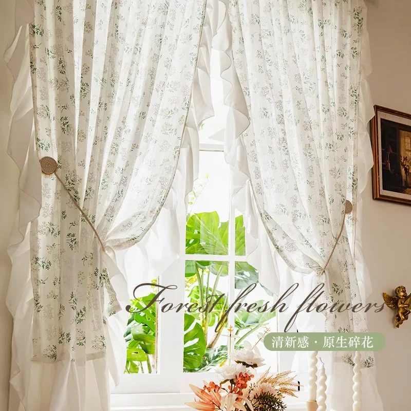 Farmhouse Curtains Semi-blackout Vintage Chic Cotton Floral Ruffle for Dining Living Room Bathroom Decor Window Curtain
