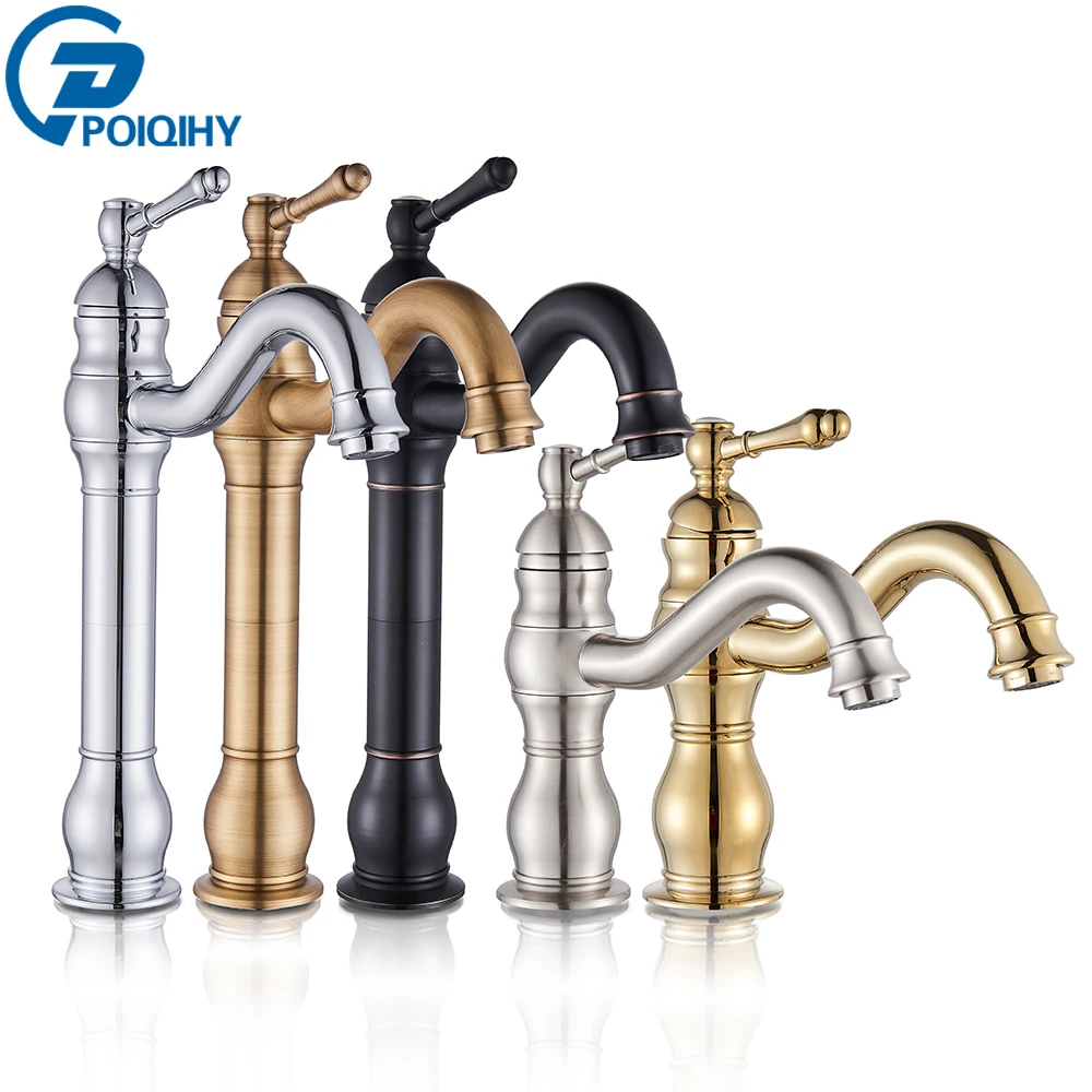 POIQIHY Antique Brass Basin Vessel Sink Faucet Deck Mounted One Hole Cold Hot Water Cold Hot Mixer Tap Bathroom Faucet 1 Hole