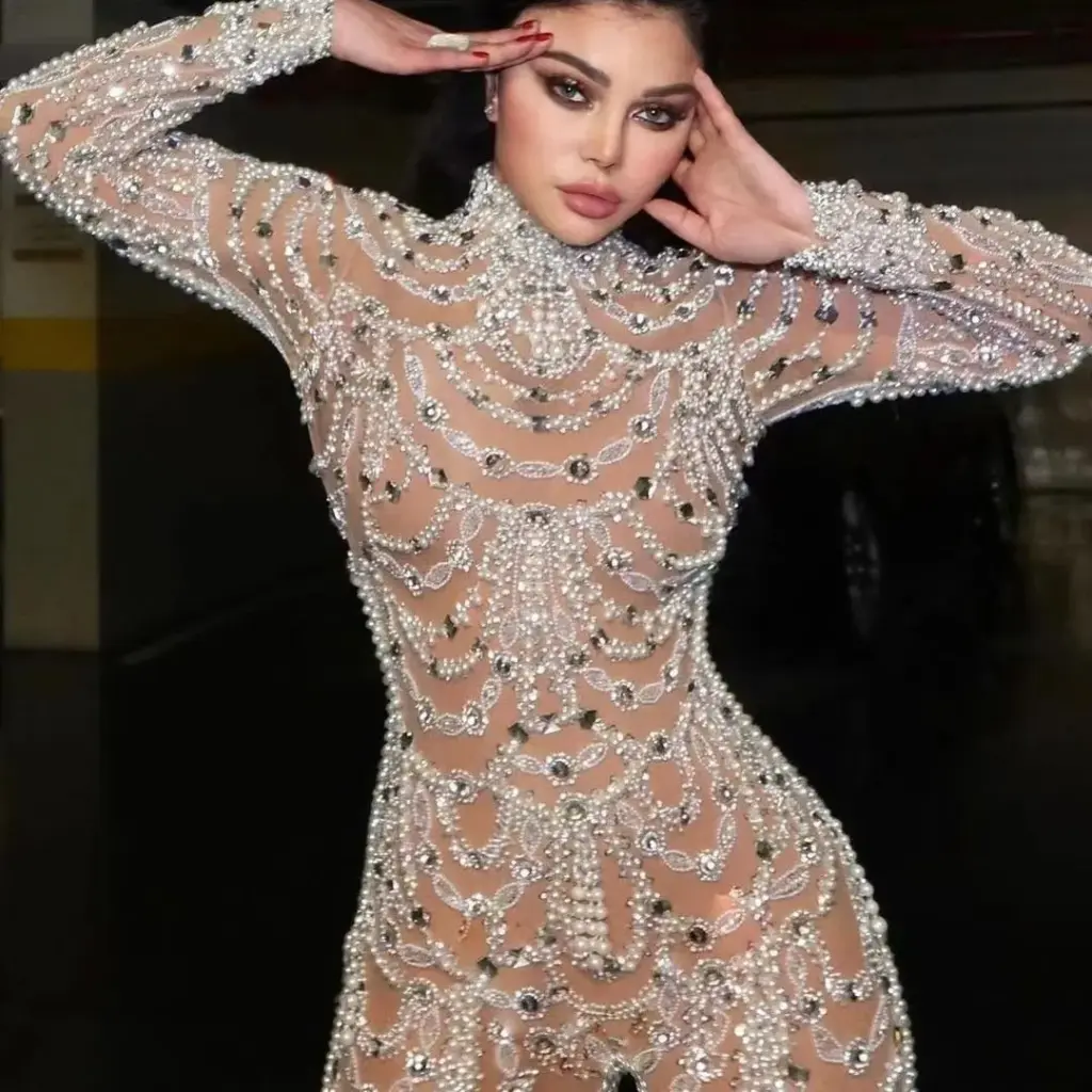 2025 new European and American women's dress is slimming and form-fitting, with see-through sequins and sexy one-piece trousers