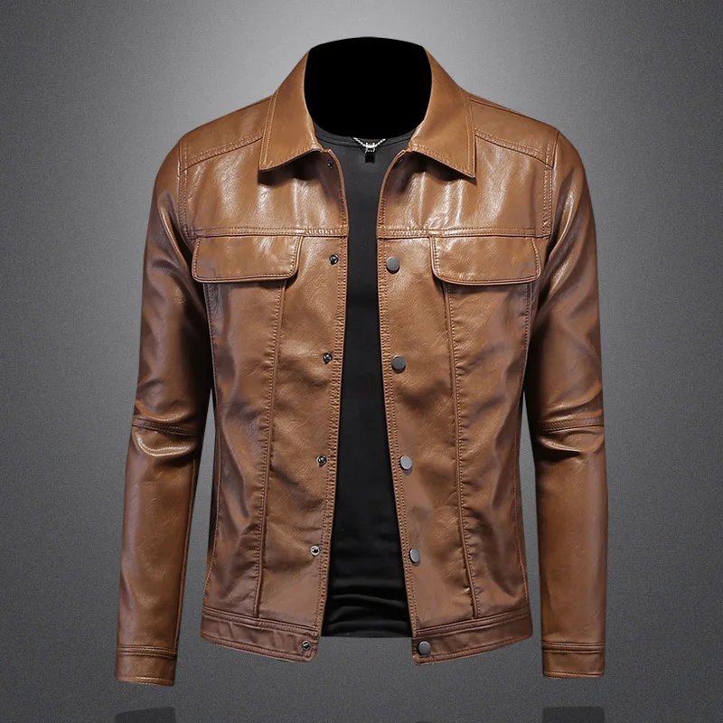 2024 Autumn and Winter New Men's Fashion Handsome with Solid Color Boutique Lapel Motorcycle Leather Coat Slim Fashion M-5XL