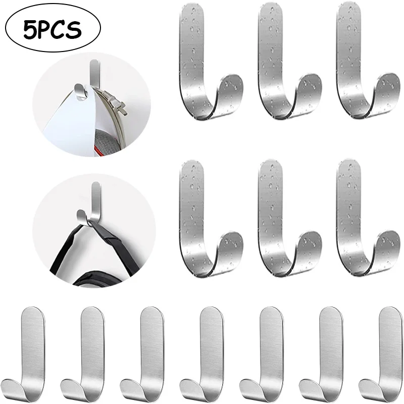 5/2/1Pcs Self Adhesive Hooks Heavy Duty Stainless Steel Wall Hooks Waterproof Sticky Hooks Bathroom Hang Towels Keys Coat Bags