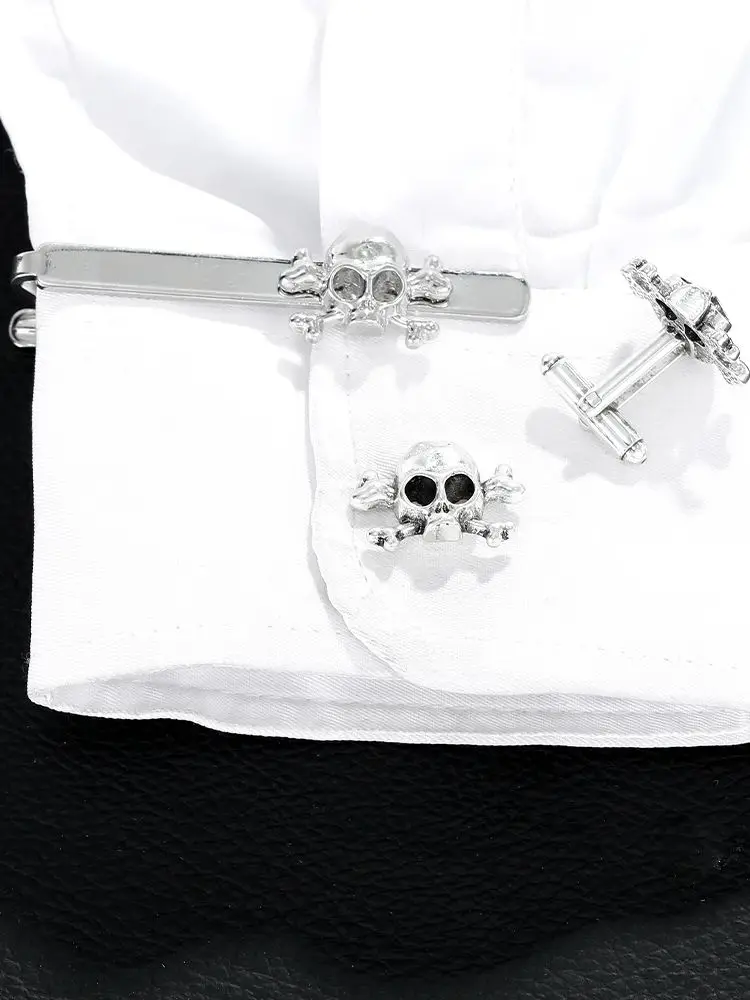 Punk Mens Cross Bone Skull Head Shaped Design Cufflinks&Tie Clip Set Formal Party Business Tuxedo Shirts Jewelry Accessories