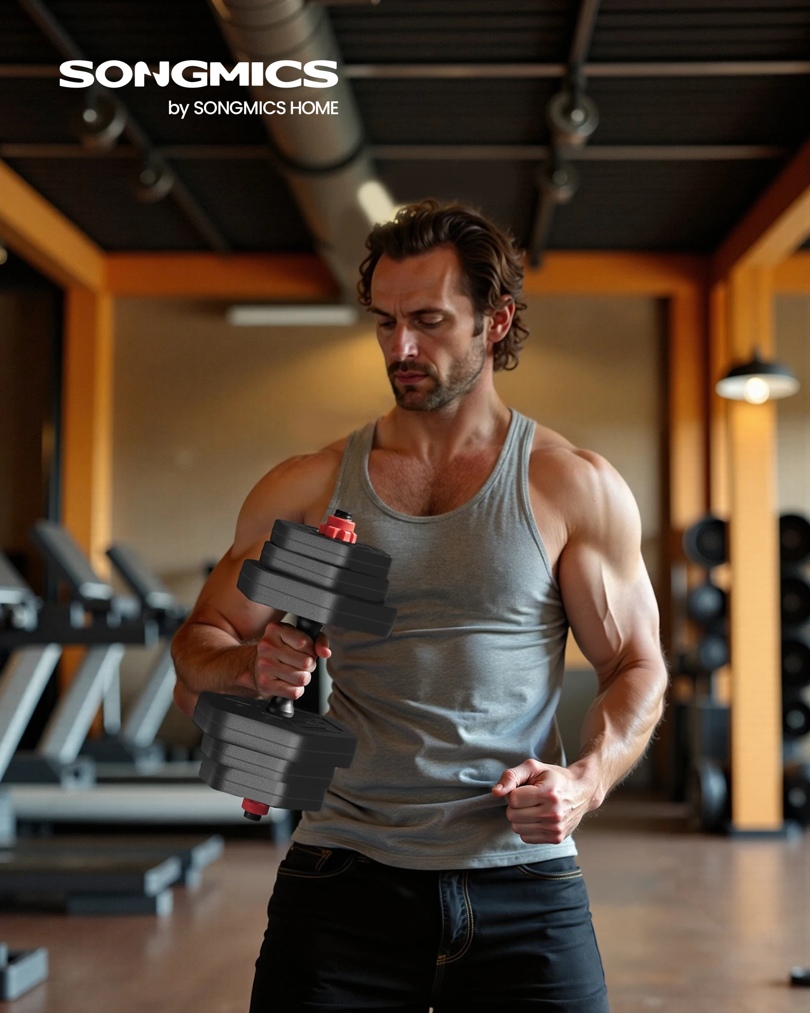 SONGMICS Dumbbell Set, 10 kg Weights with Connecting Bar, Hexagon, Adjustable Weight Plates, for Men Women Workout