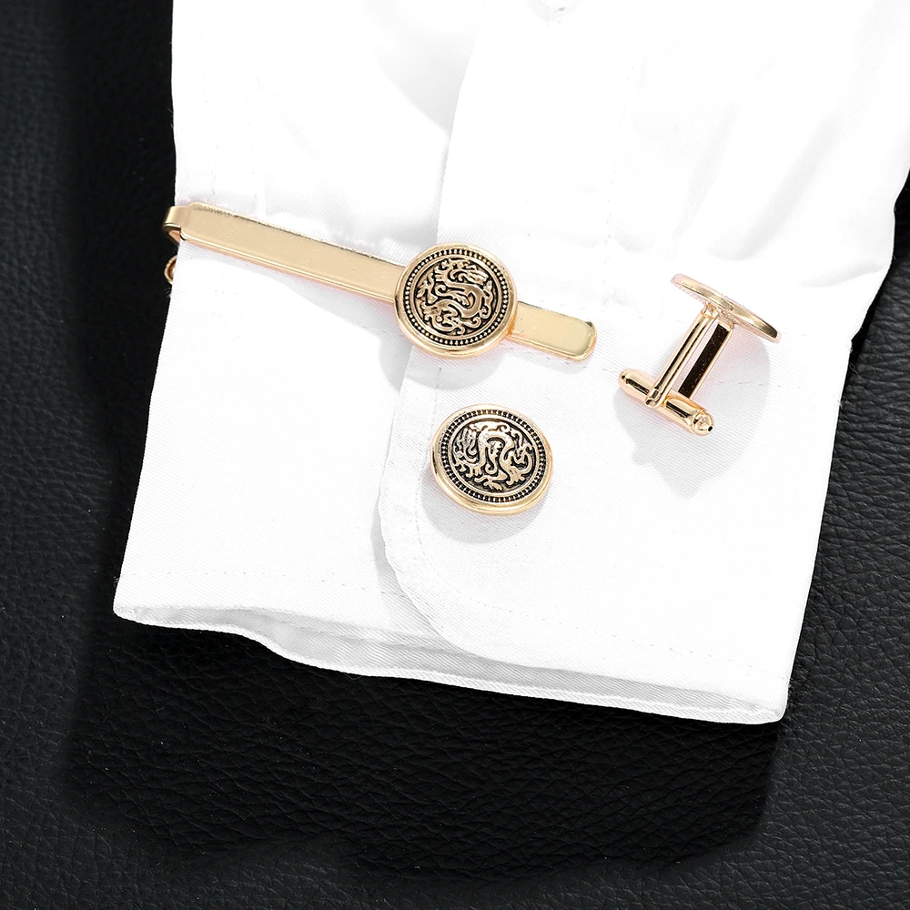 Funny Mens Round Dragon Pattern Design Cufflinks&Tie Clip Set Formal Party Golden Jewelry Accessories