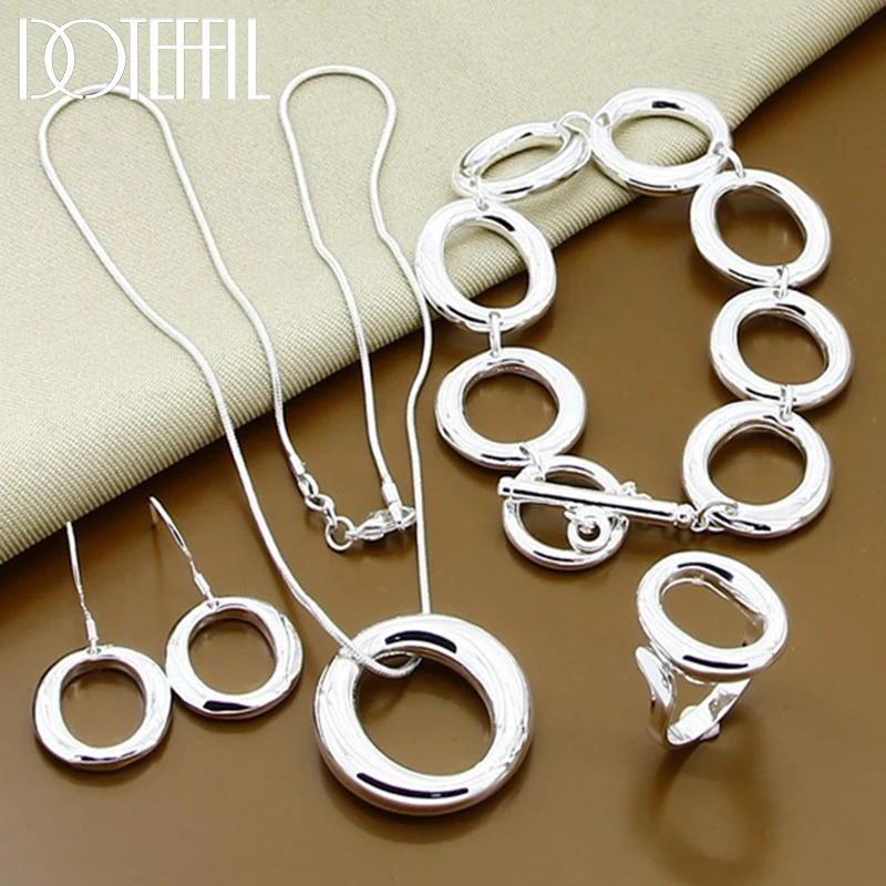 DOTEFFIL 925 Sterling Silver Round Circle O Necklace Bracelet Earring Ring Set For Woman Man Wedding Engagement Fashion Jewelry