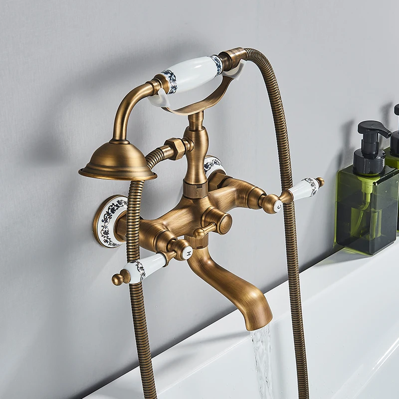 Antique Brass Bathroom Shower Faucet Wall Mount Blue and White Porcelain Dual Handle Cold Hot Water Mixer Shower Tap For Bathtub