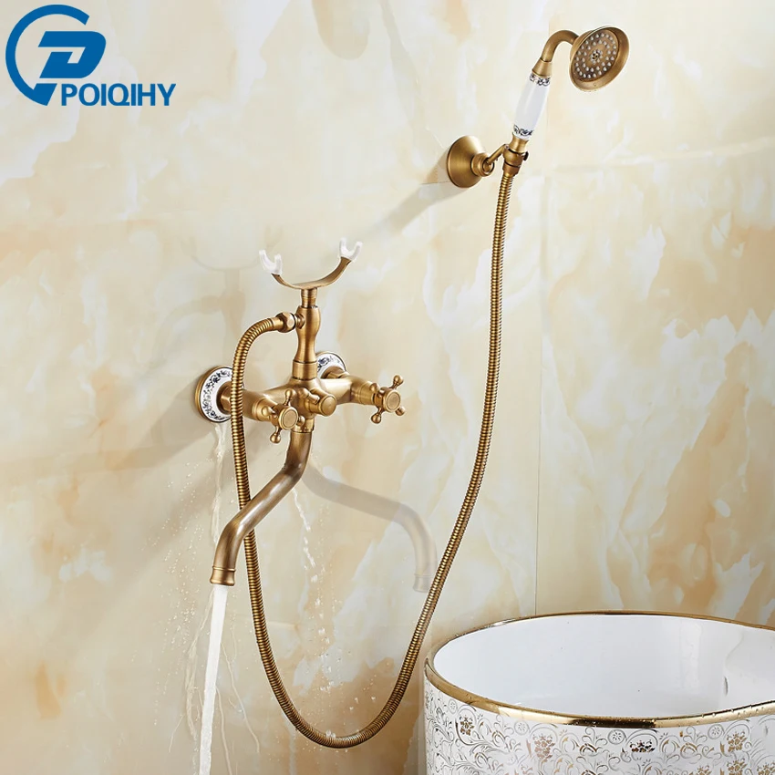 Antique Brass Bathtub Faucets Wall Bathroom Bath Shower Faucet Mixer Tap Long Spout Bath Tub Shower Mixers with Handshower