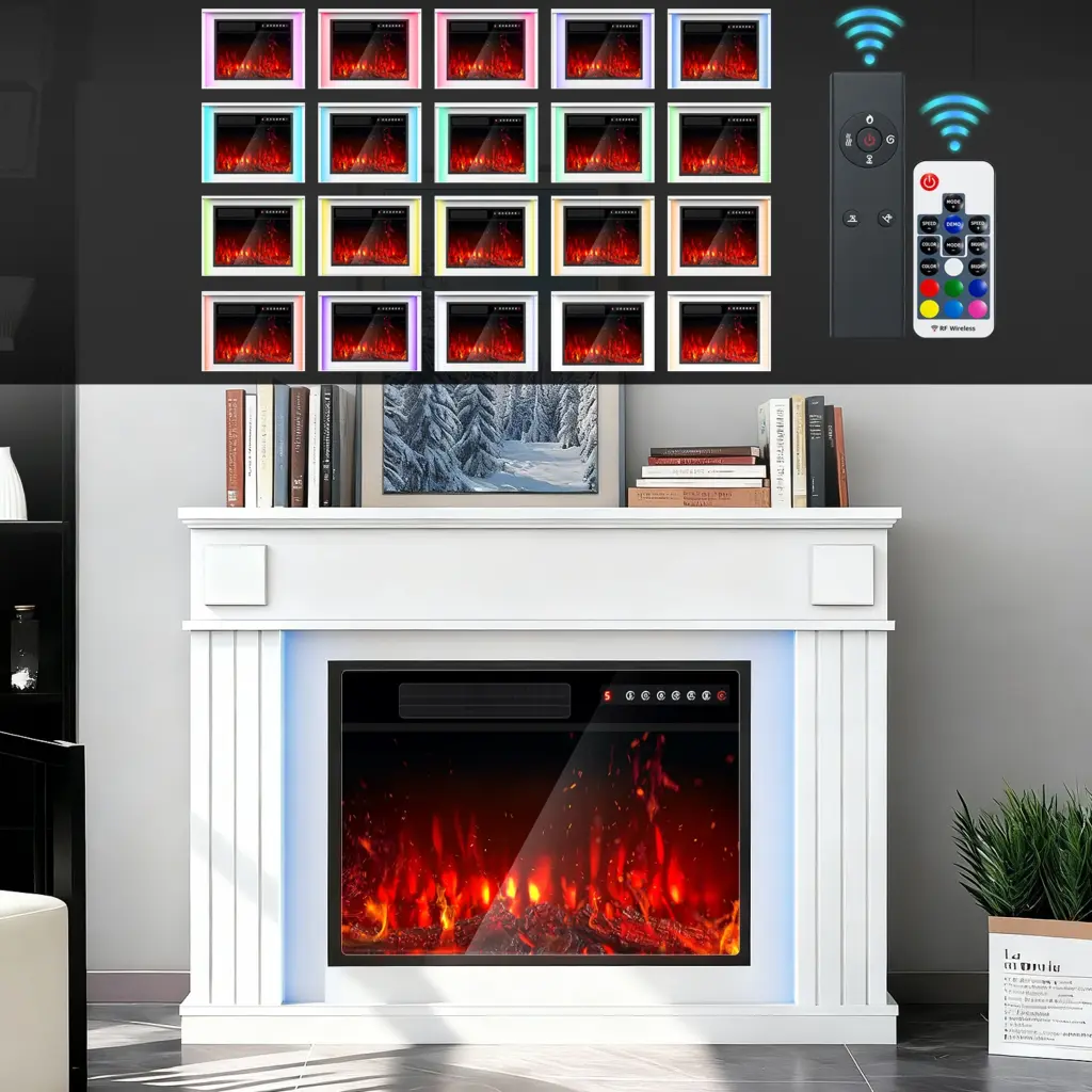 Electric Fireplace with Surround, 20 Color LED 3D-Flame & Mood Light BIG Storage