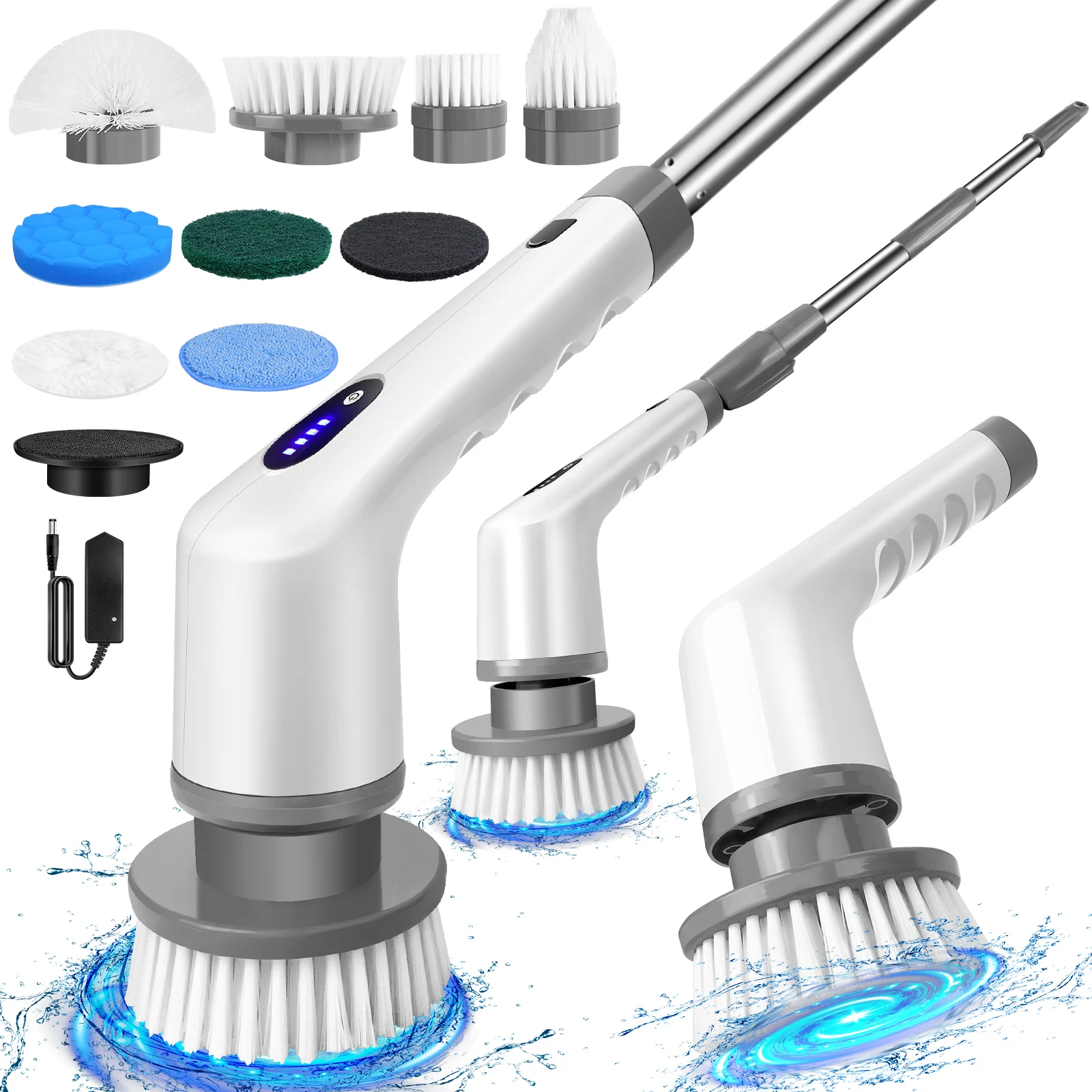 Electric Rotary Brush With Adjustable Handle For Power Cleaning And 9 Interchangeable Brush Heads, Bathroom Sink, Kitchen Floor