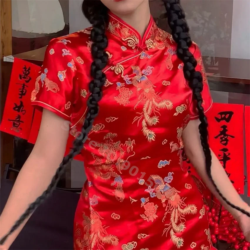 Oversize 4XL 5XL 6XL Qipao Red Dragon Mini Cheongsam Women Satin Vestidos Chinese Style Dresses Vintage Mandarin Collar Qipao