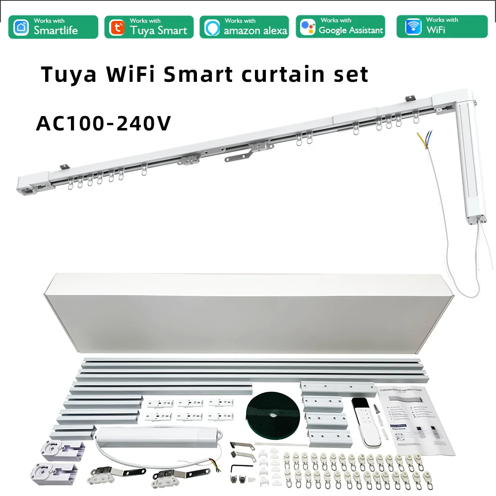 Automatic Diy Smart Curtain Kit System With Tuya Wifi Smart Curtain Driver Remote Control & Motorized Electric Rail Tracks Alexa