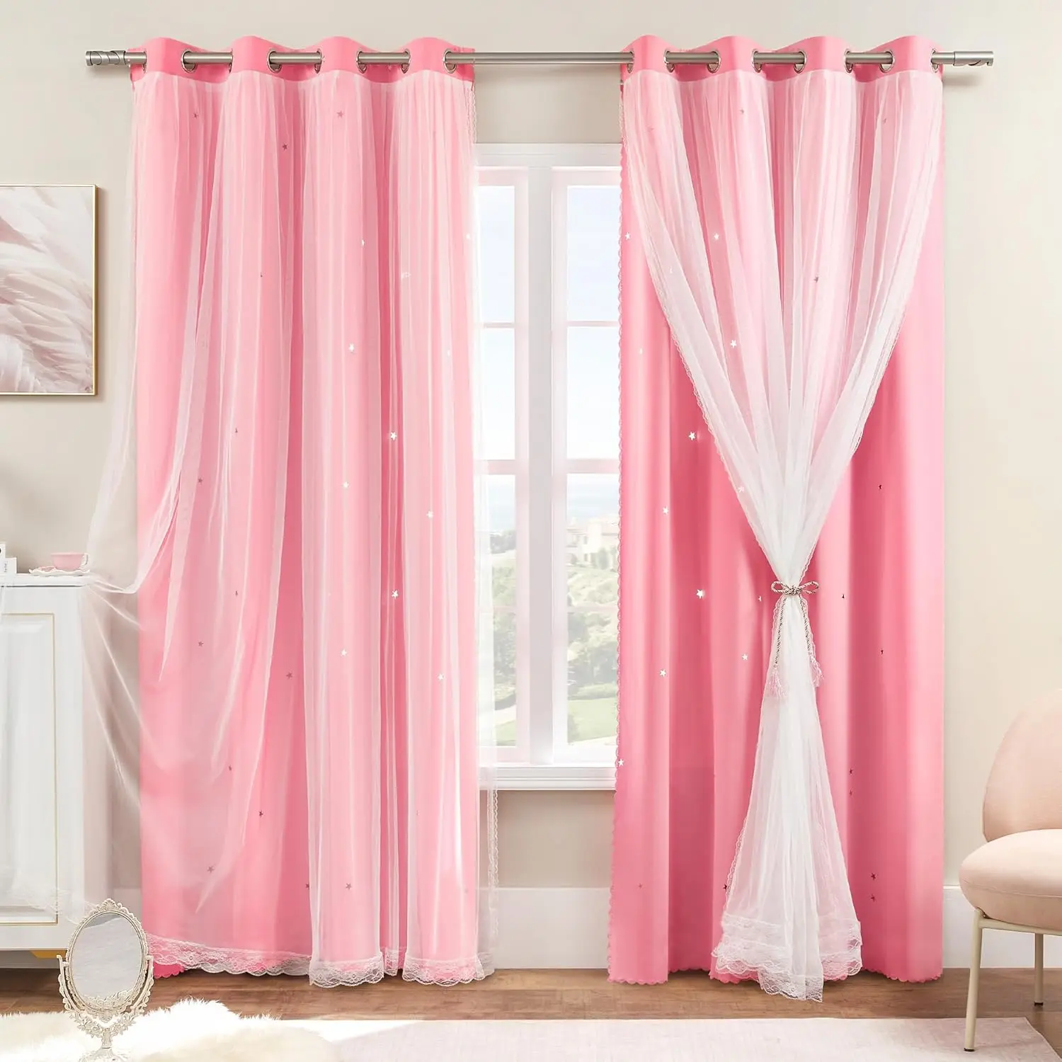 Pink Blackout Curtains Double Layer Curtains with Sheer Overlay for Girls Bedroom Living Room Darkening Eyelet Window Treatment